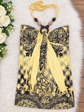 Yellow & Black Paisley Halter Tube Top with Wooden Ring Detail